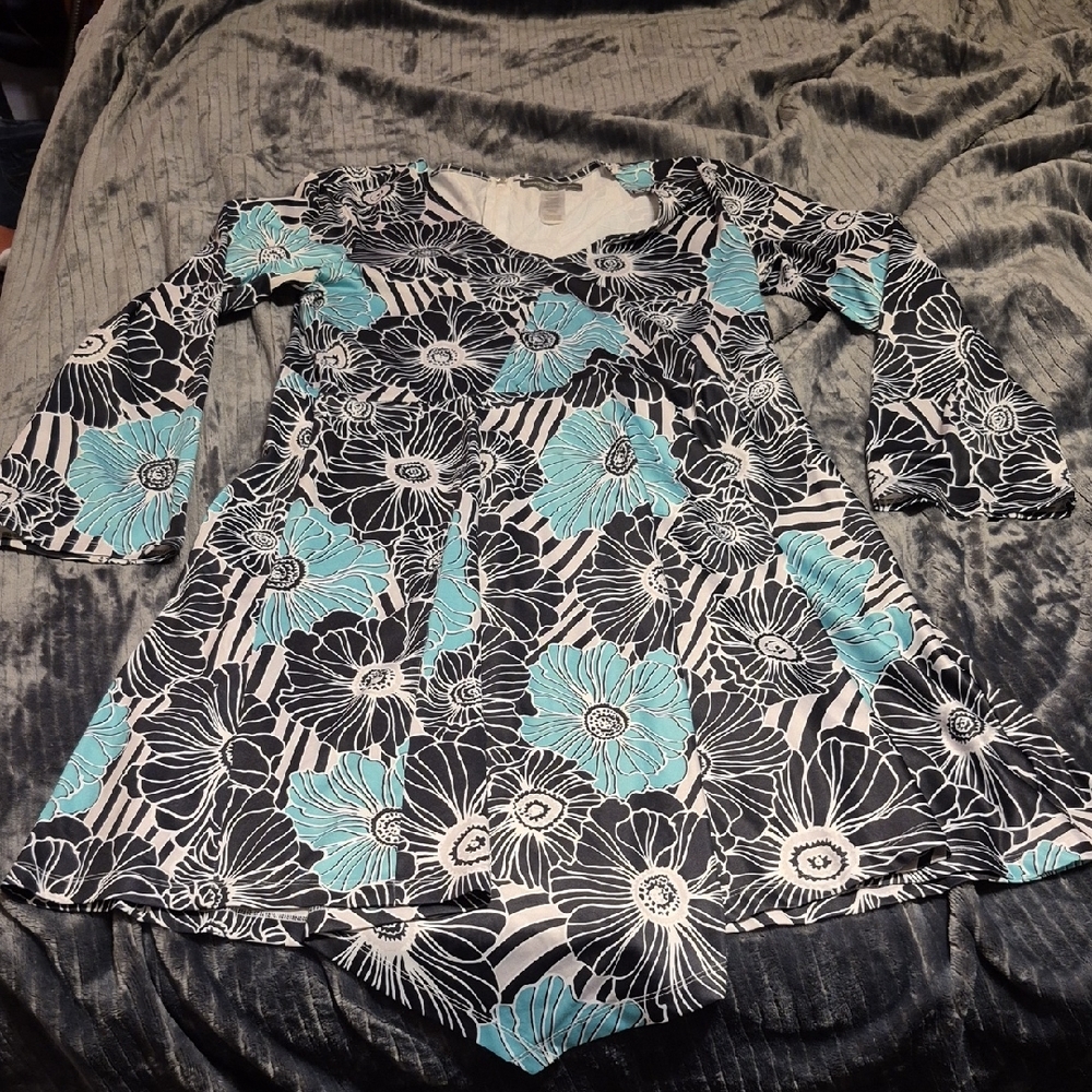 Floral Elegance Long Sleeve Dress - Black and Blue - Picture 1 of 4